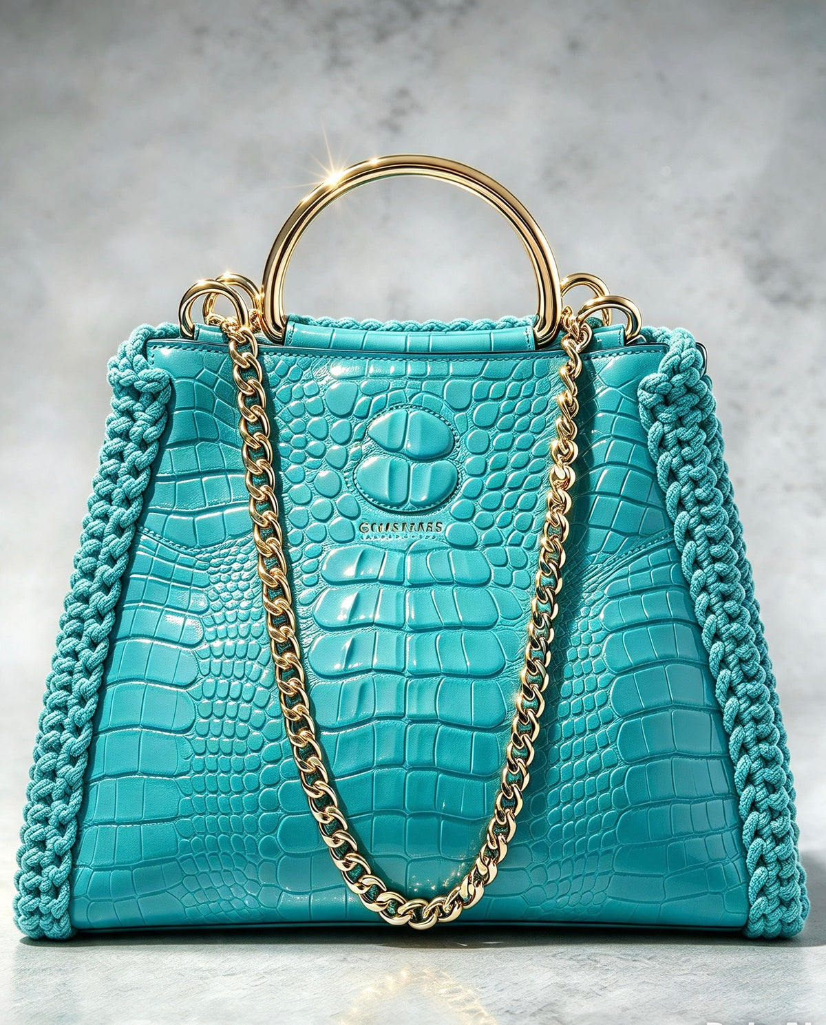 Bolsa Couro Croco e Crochet Alça Dupla Turquesa