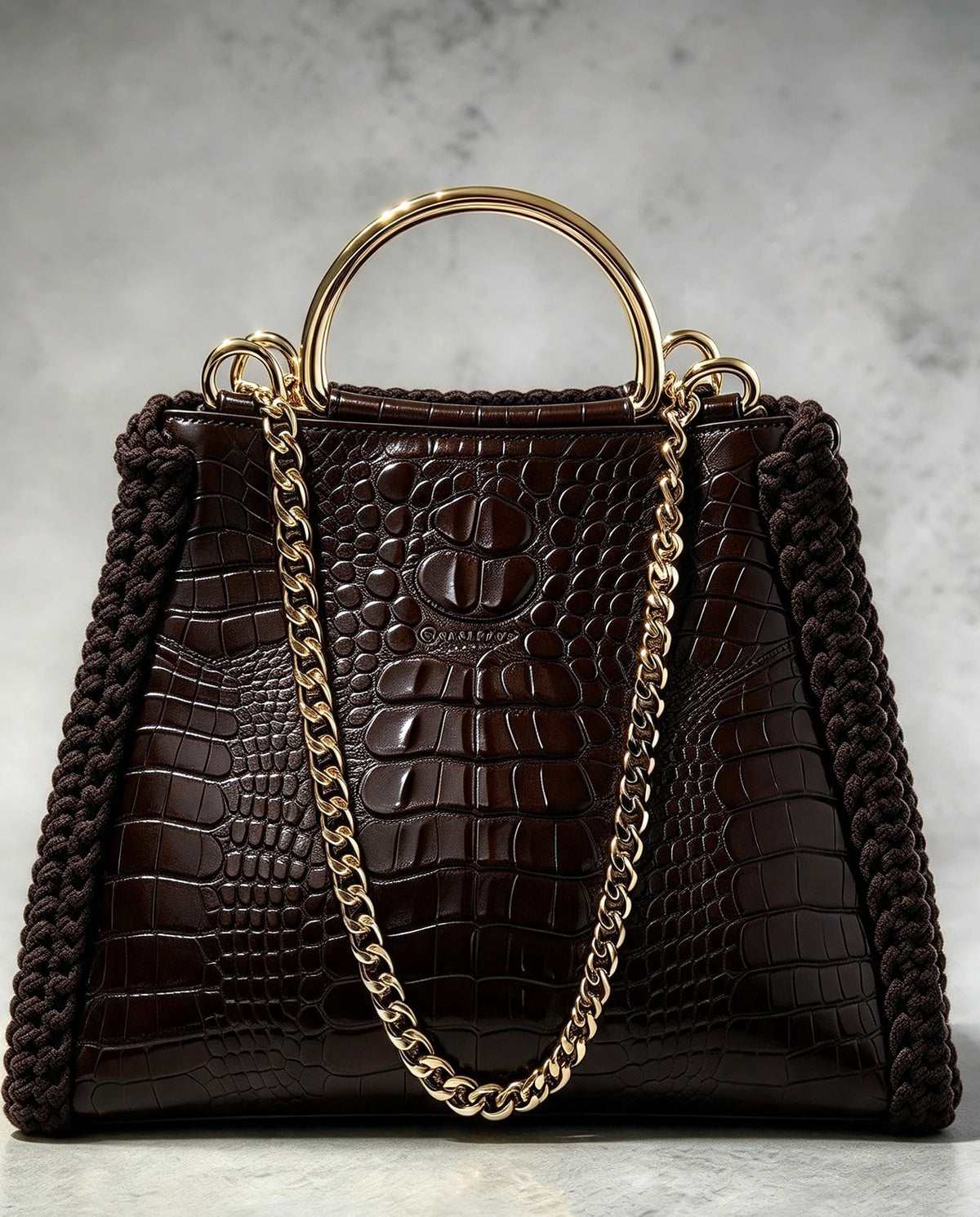 Bolsa Couro Croco e Crochet alça Dupla Marrom