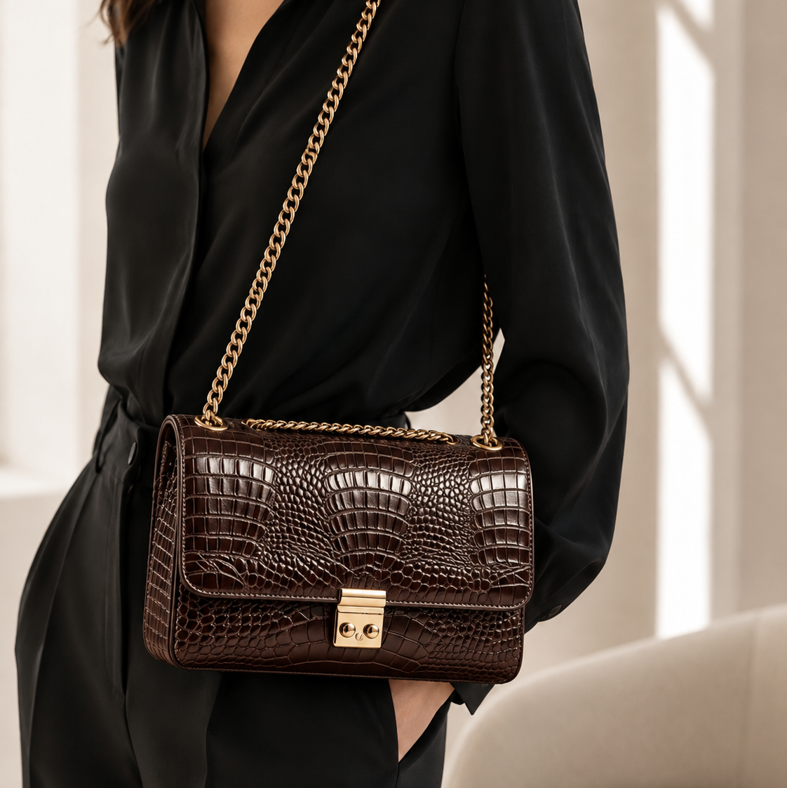 Bolsa Couro Croco Marrom