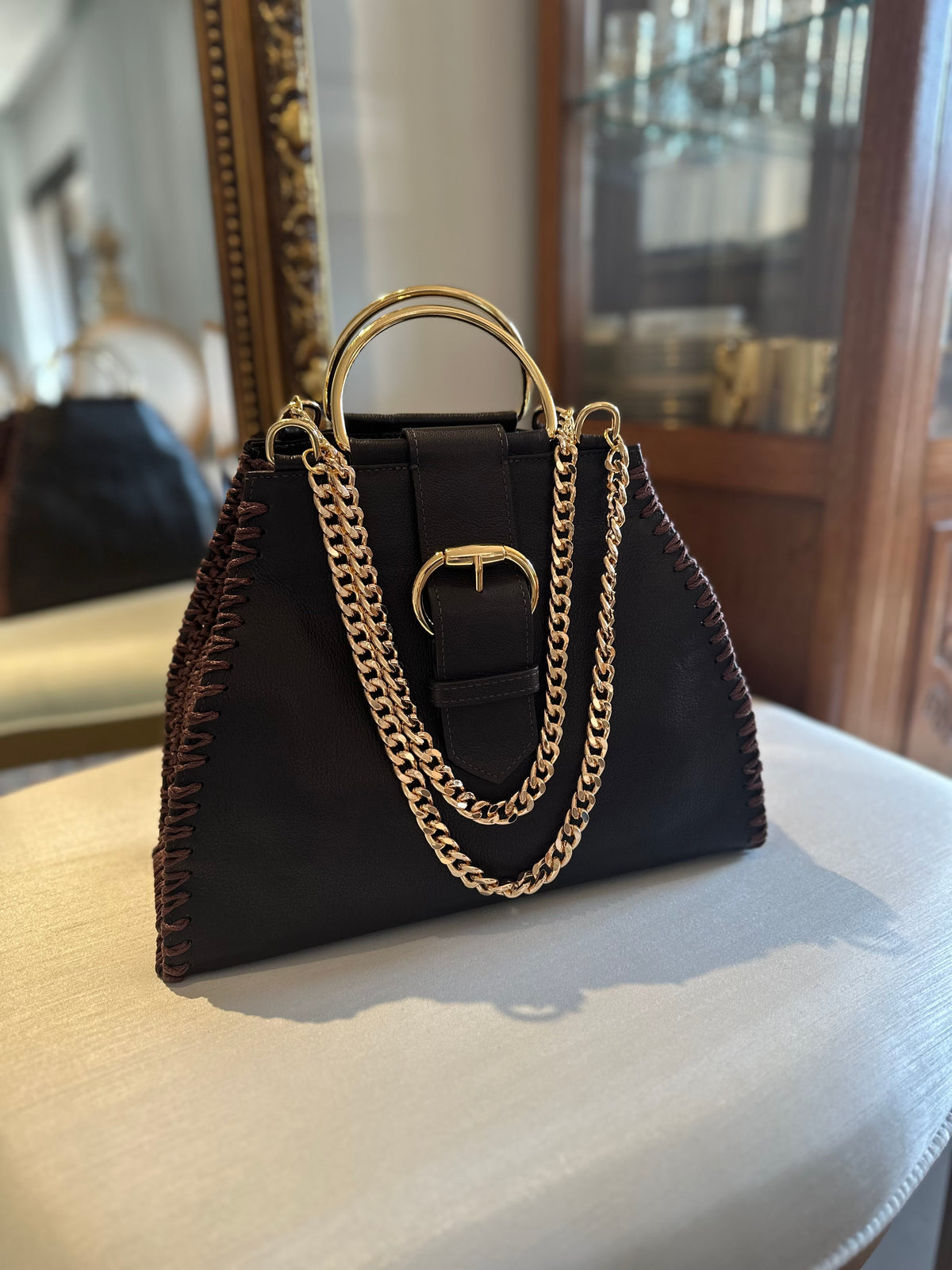 Bolsa Crochet e Couro Legítimo Marrom - PEÇA ÚNICA