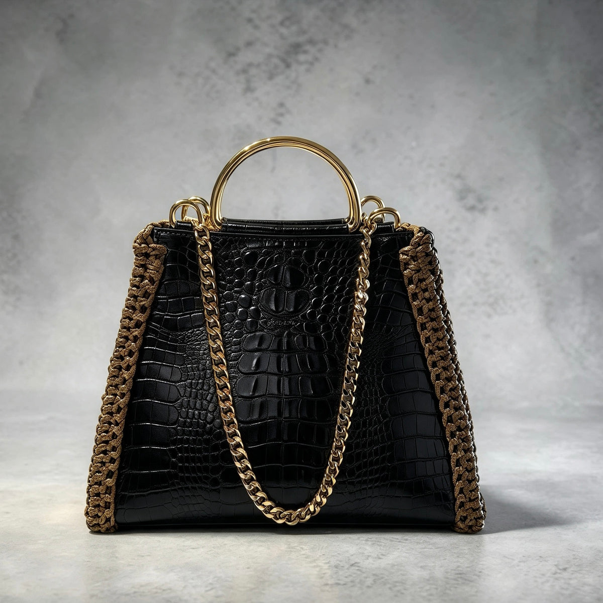 Bolsa Couro Croco e Crochet Alça Dupla