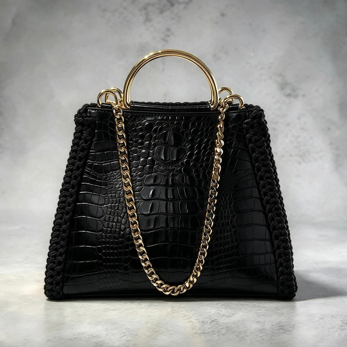 Bolsa Couro Croco e Crochet Alça Dupla