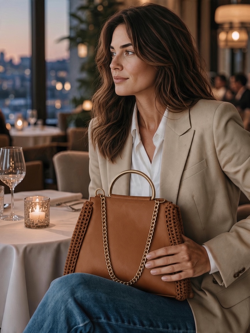 Bolsa Couro e Crochet Alça Dupla Caramelo