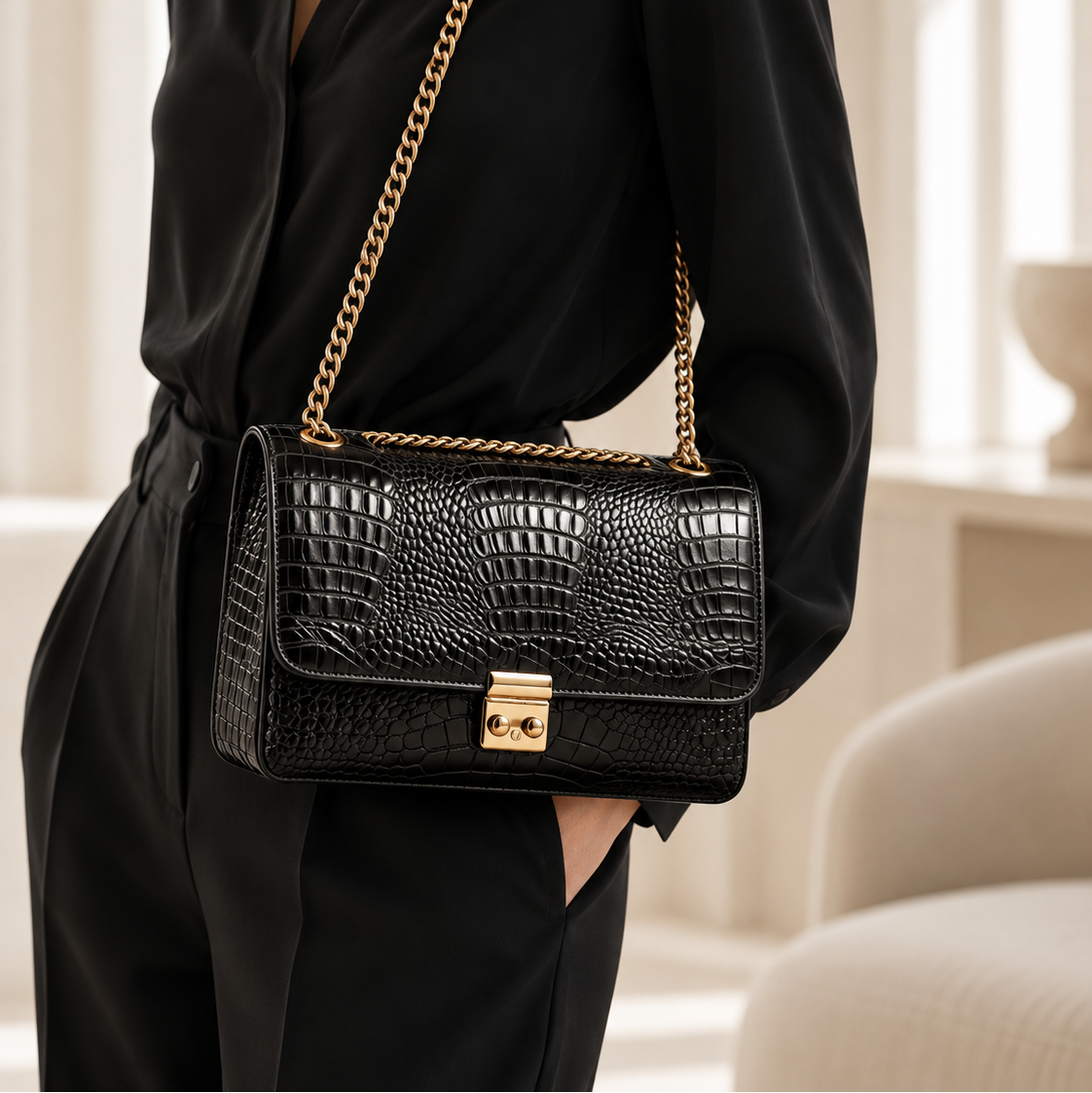 Bolsa Couro Croco Preta