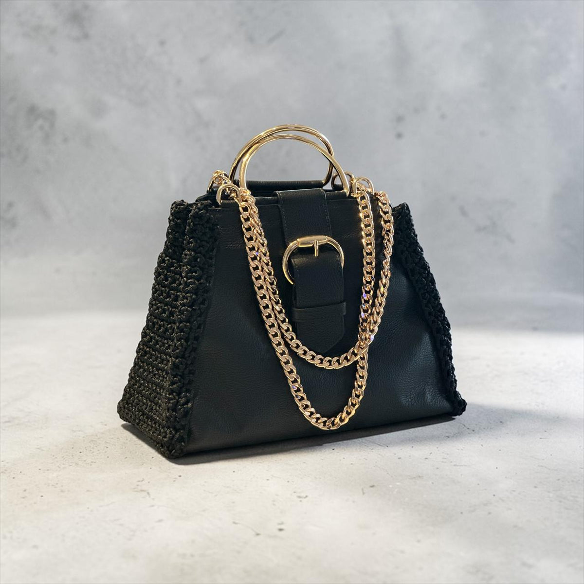 Bolsa Crochet e Couro Legítimo Preta - PEÇA ÚNICA