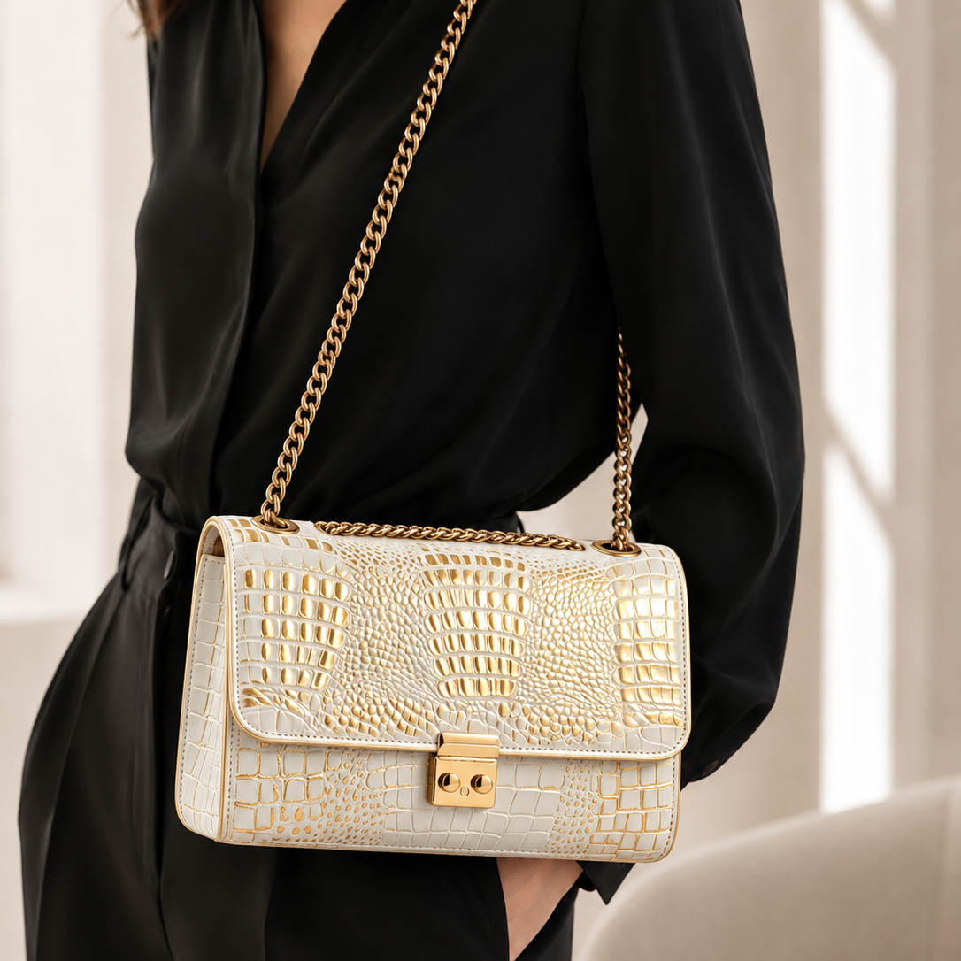 Bolsa Couro Croco Branco & Dourado