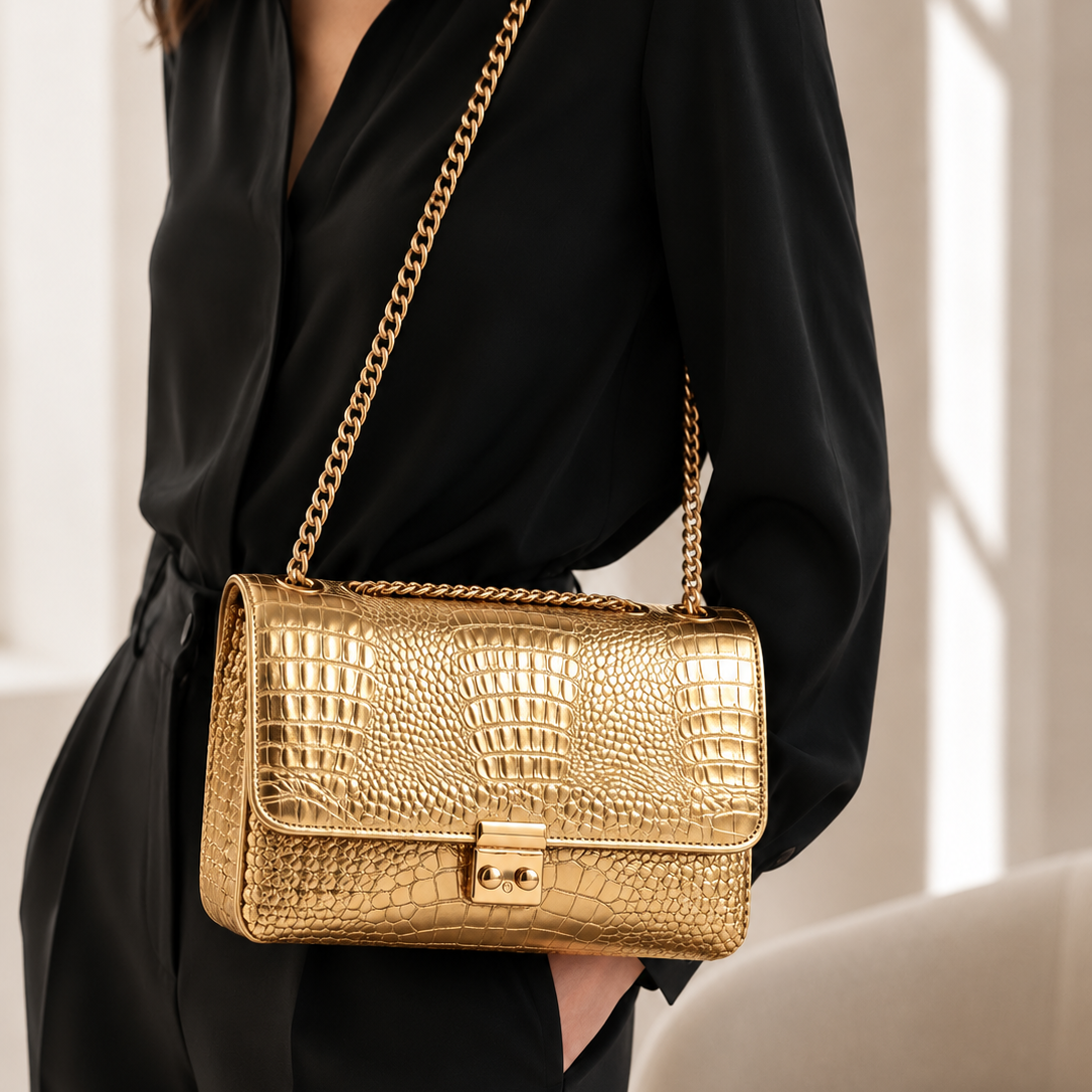 Bolsa Couro Croco Dourada